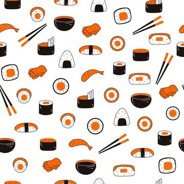Seamless pattern with sushi, soy sauce, ginger, wasabi, chopsticks in doodle Stock Illustration