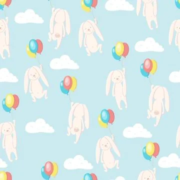 Seamless pattern сute hare and rabbit flying in the sky on balloons Stockillustratie