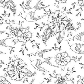 Seamless pattern with swallow bird flying in garden hand drawn Stock Illustration