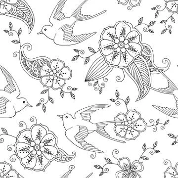 Seamless pattern with swallow bird flying and floral motif hand drawn Stock Illustration