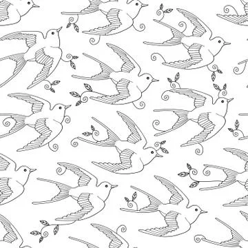 Seamless pattern with swallow bird flying  leafs hand drawn Stock Illustration