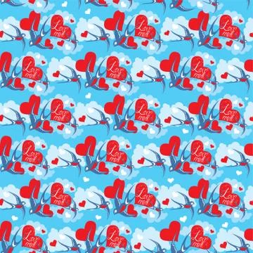 Seamless pattern with swallows and hearts on sky background with clouds valen Stock Illustration