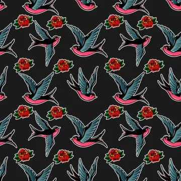 Seamless pattern with swallows and roses in old school tattoo style. For post Stock Illustration