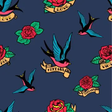 Seamless pattern with swallows and roses in old school tattoo style. For post Stock Illustration