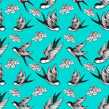 Seamless pattern with swallows and roses in old school tattoo style. For post Stock Illustration