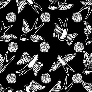 Seamless pattern with swallows and roses in old school tattoo style. For post Stock Illustration