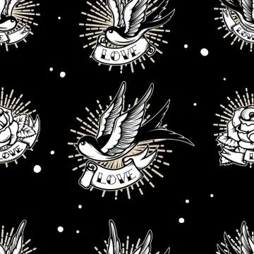 Seamless pattern with swallows and roses in old school tattoo style. For post Stock Illustration