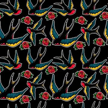 Seamless pattern with swallows and roses in old school tattoo style. For post Stock Illustration