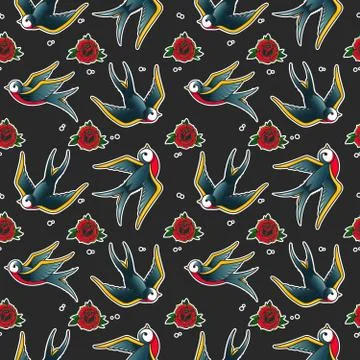 Seamless pattern with swallows and roses in old school tattoo style. For post Stock Illustration