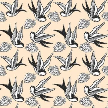 Seamless pattern with swallows and roses in old school tattoo style. For post Stock Illustration