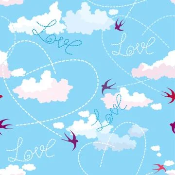 Seamless pattern with swallows, hearts and clouds on blue sky. valentine`s da Stock Illustration