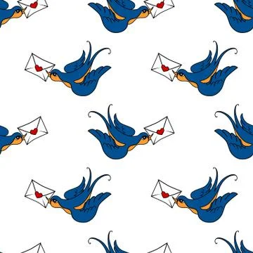 Seamless pattern with swallows, old school tattoo Stock Illustration