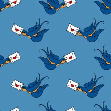 Seamless pattern with swallows, old school tattoo Stock Illustration