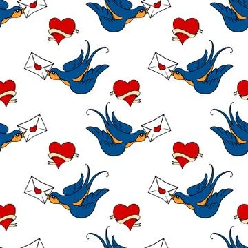 Seamless pattern with swallows, old school tattoo イラスト素材