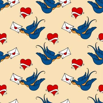 Seamless pattern with swallows, old school tattoo Stock Illustration