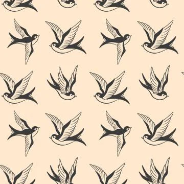 Seamless pattern with swallows in old school tattoo style. For poster, card,  Stock Illustration