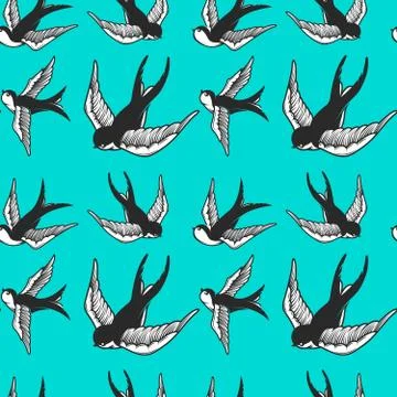 Seamless pattern with swallows in old school tattoo style. For poster, card,  Stock Illustration