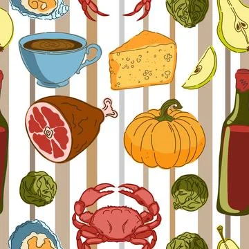 Seamless pattern, swatch, and background. Various vintage hand-drawn food ill Stock Illustration