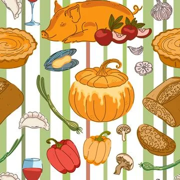 Seamless pattern, swatch, and background. Various vintage hand-drawn food ill Stock Illustration