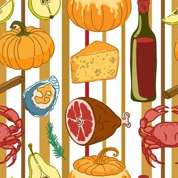 Seamless pattern, swatch, and background. Various vintage hand-drawn food ill Stock Illustration