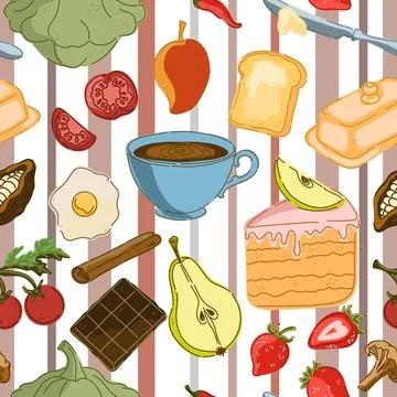 Seamless pattern, swatch, and background. Various vintage hand-drawn food ill Stock Illustration