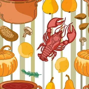 Seamless pattern, swatch, and background. Various vintage hand-drawn food ill Stock Illustration
