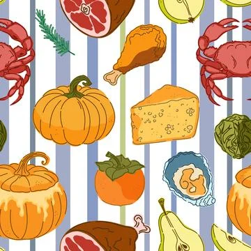 Seamless pattern, swatch, and background. Various vintage hand-drawn food ill Stock Illustration