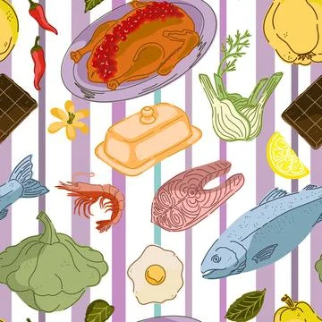 Seamless pattern, swatch, and background. Various vintage hand-drawn food ill Stock Illustration