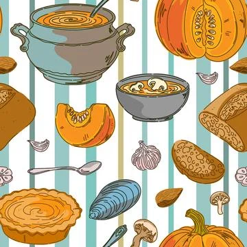 Seamless pattern, swatch, and background. Various vintage hand-drawn food ill Stock Illustration