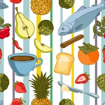 Seamless pattern, swatch, and background. Various vintage hand-drawn food ill Stock Illustration