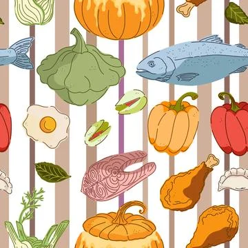 Seamless pattern, swatch, and background. Various vintage hand-drawn food ill Stock Illustration