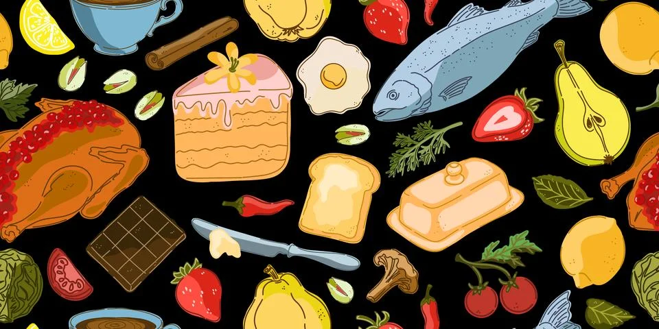 Seamless pattern, swatch, background. Various vintage hand-drawn food illustr Stock Illustration