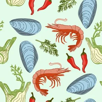 Seamless pattern, swatch, background. Various vintage hand-drawn food illustr Stock Illustration
