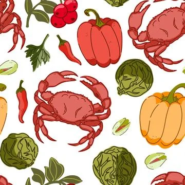 Seamless pattern, swatch, background. Various vintage hand-drawn food illustr Stock Illustration