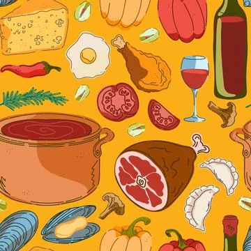 Seamless pattern, swatch, background. Various vintage hand-drawn food illustr Stock Illustration