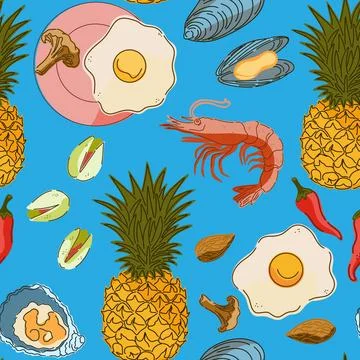 Seamless pattern, swatch, background. Various vintage hand-drawn food illustr Stock Illustration