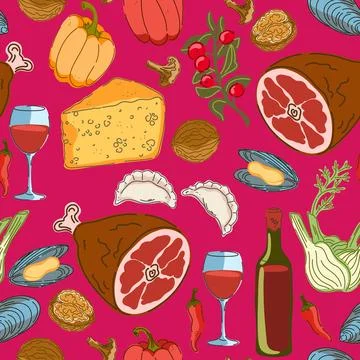 Seamless pattern, swatch, background. Various vintage hand-drawn food illustr Stock Illustration