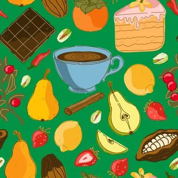 Seamless pattern, swatch, background. Various vintage hand-drawn food illustr Stock Illustration