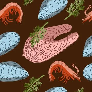 Seamless pattern, swatch, background. Various vintage hand-drawn food illustr Stock Illustration