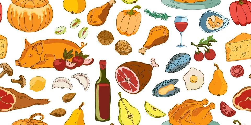 Seamless pattern, swatch, background. Various vintage hand-drawn food illustr Stock Illustration