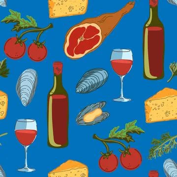 Seamless pattern, swatch, background. Various vintage hand-drawn food illustr Stock Illustration
