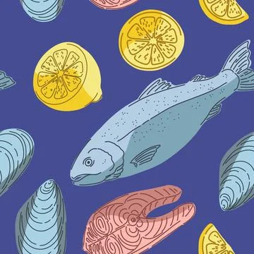 Seamless pattern, swatch, background. Various vintage hand-drawn food illustr Stock Illustration