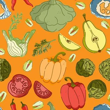 Seamless pattern, swatch, background. Various vintage hand-drawn food illustr Stock Illustration
