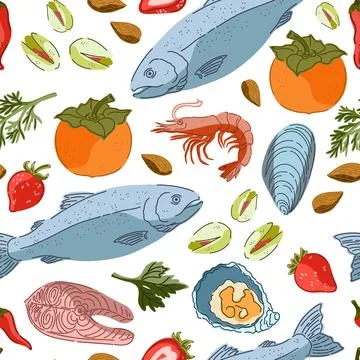 Seamless pattern, swatch, background. Various vintage hand-drawn food illustr Stock Illustration