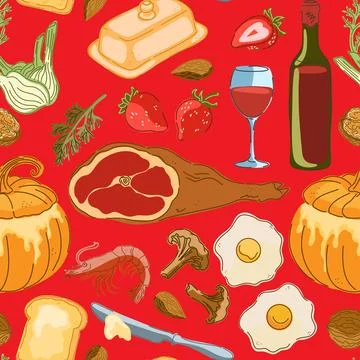 Seamless pattern, swatch, background. Various vintage hand-drawn food illustr Stock Illustration