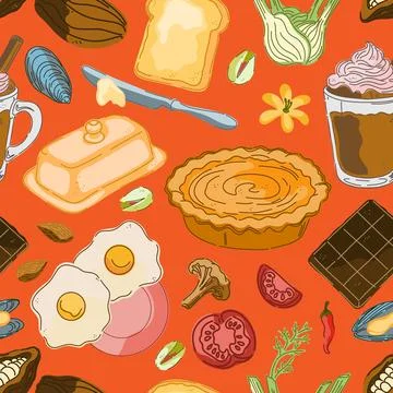 Seamless pattern, swatch, background. Various vintage hand-drawn food illustr Stock Illustration