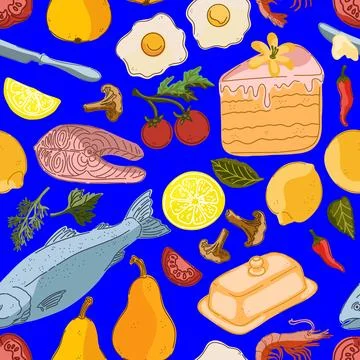 Seamless pattern, swatch, background. Various vintage hand-drawn food illustr Stock Illustration