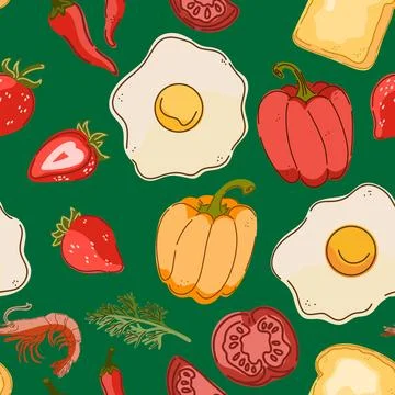 Seamless pattern, swatch, background. Various vintage hand-drawn food illustr Stock Illustration