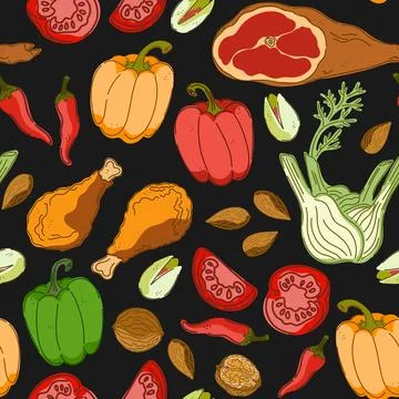 Seamless pattern, swatch, background. Various vintage hand-drawn food illustr Stock Illustration