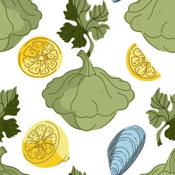 Seamless pattern, swatch, background. Various vintage hand-drawn food illustr Stock Illustration